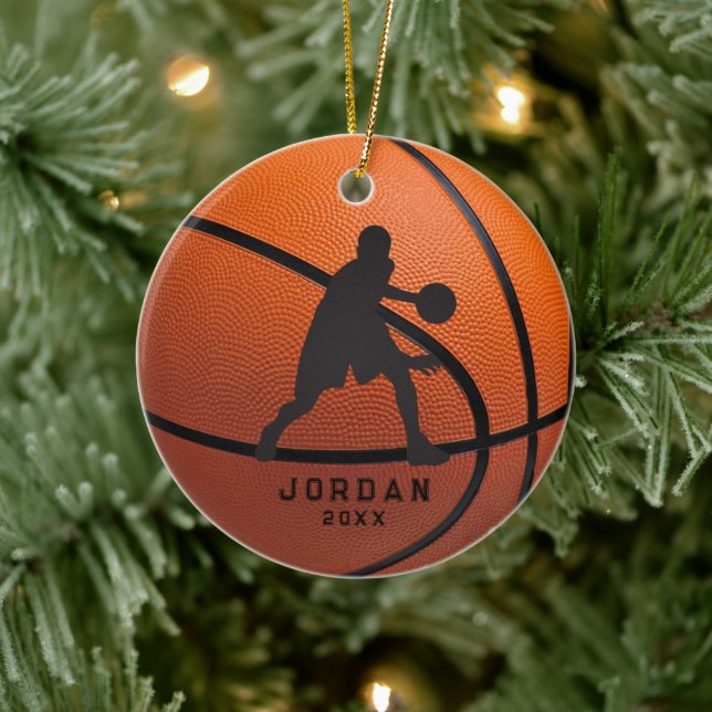 Orange Personalized Basketball Player Christmas Ceramic Ornament (Tree)
