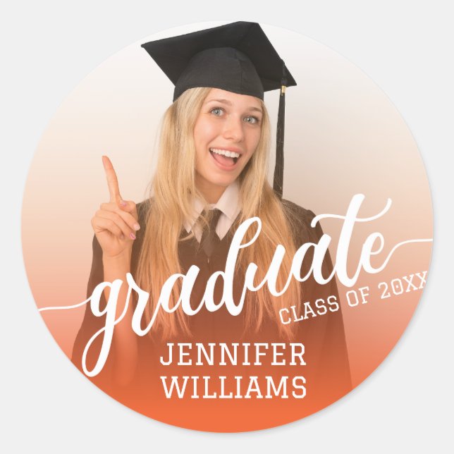 Orange | Personalized Graduation Photo Graduate Classic Round Sticker (Front)
