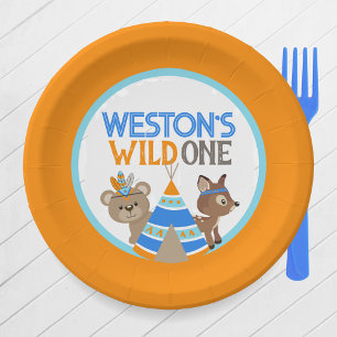 Orange Personalized Wild One Woodland Birthday Paper Plate