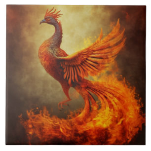 Orange Phoenix with Flames and Golden Mist Tile