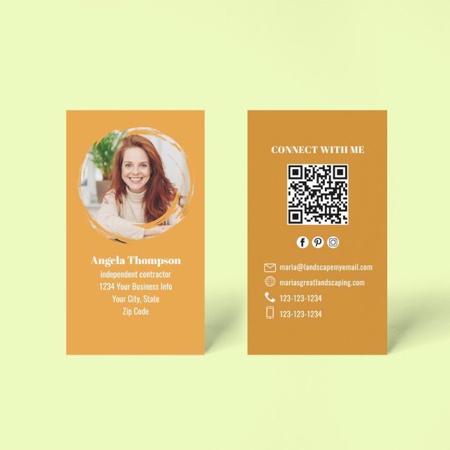 Orange Photo QR Code Connect with Me Business Business Card (Business card with modern photo template and orange theme.)