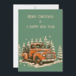 Orange Pick Up christmas card<br><div class="desc">retro christmas card of an old orange pickup car in the snow and pine trees in the background</div>