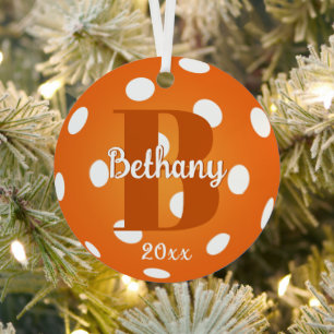 Orange Pickleball Monogram Name Metal Ornament
