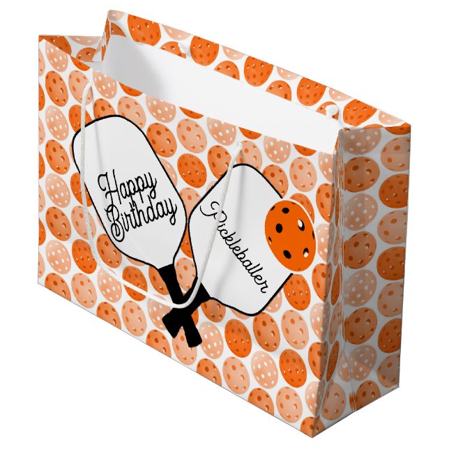 Orange Pickleballs and Paddles Personalized Party Large Gift Bag (Front Angled)