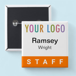 Orange Pinback Staff Badge Event Logo Square Name 2 Inch Square Button