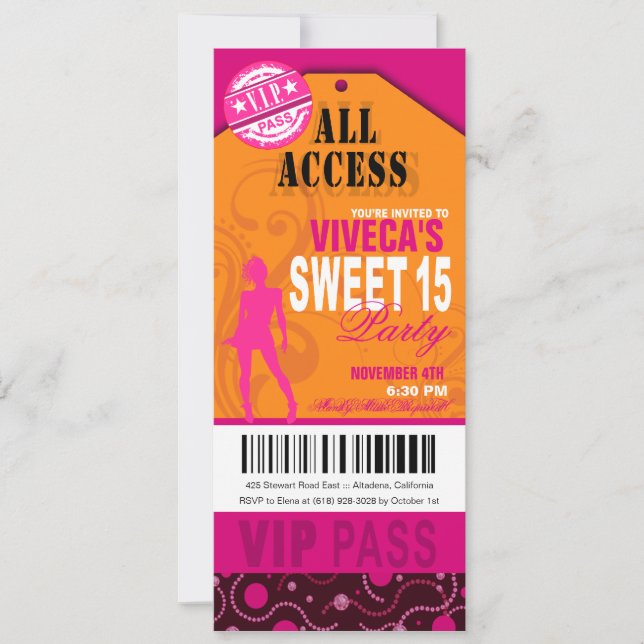 Orange, Pink and Fuschia VIP Sweet 15 Ticket Invitation (Front)