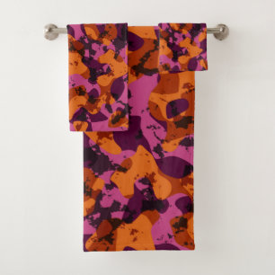 Orange, pink and maroon camo abstract bath towel set