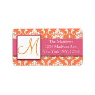 Orange Pink and White Damask Address Labels