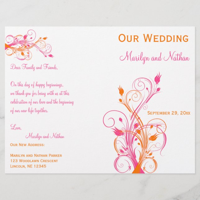 Orange, Pink, and White Floral Wedding Program (Front)