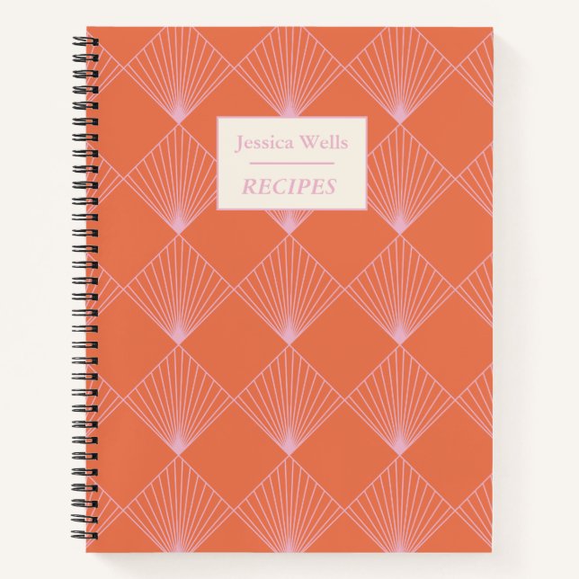 Orange Pink Art Deco Pattern Personalized Recipe Notebook (Front)