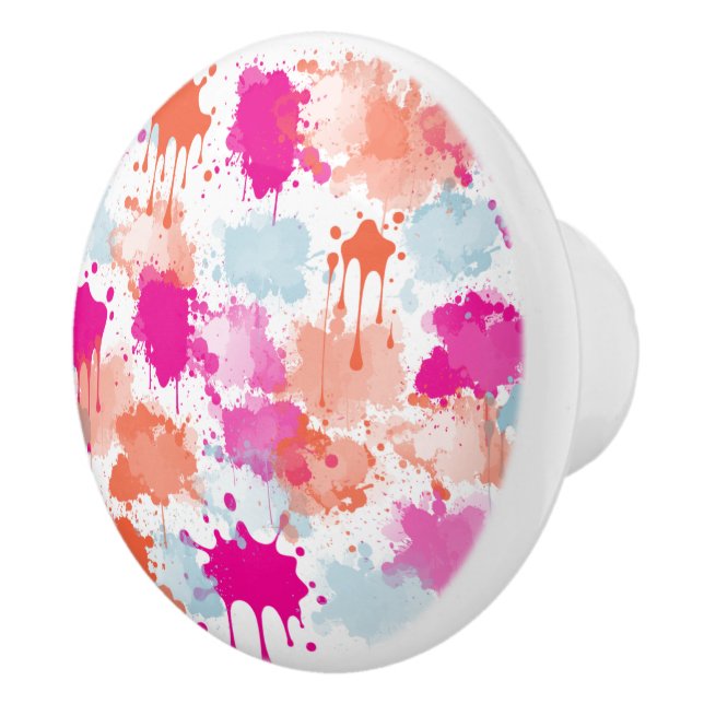 Orange Pink Blue Abstract Modern Paint Splashes Ceramic Knob (Right)