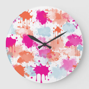 Orange Pink Blue Abstract Modern Paint Splashes  Large Clock