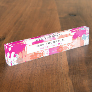 Orange Pink Blue Abstract Modern Paint Splashes Nameplate