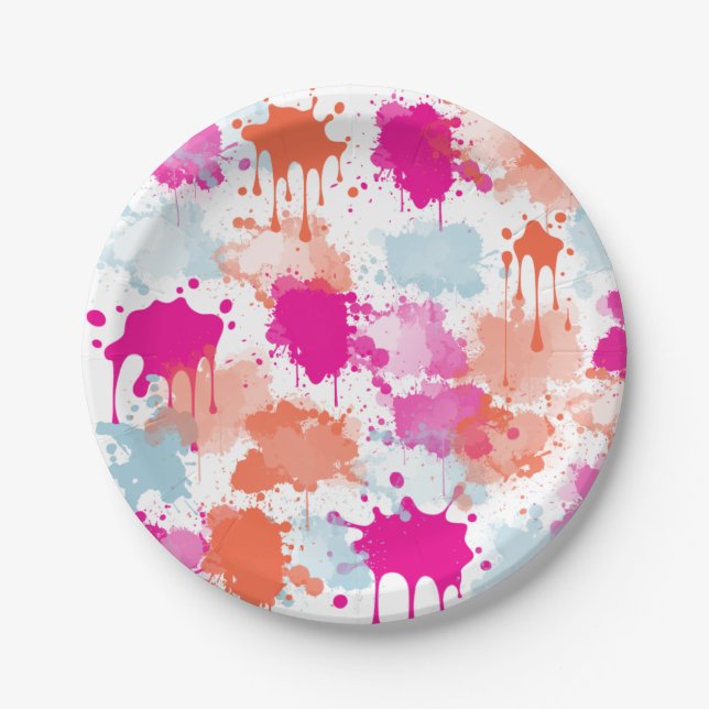 Orange Pink Blue Abstract Modern Paint Splashes Paper Plate (Front)