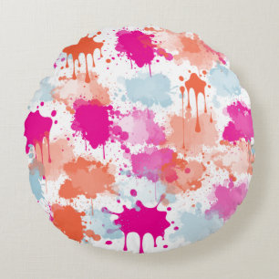 Orange Pink Blue Abstract Modern Paint Splashes  Round Pillow