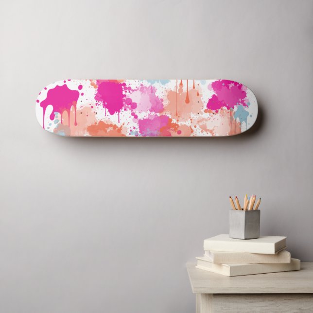 Orange Pink Blue Abstract Modern Paint Splashes  Skateboard (Wall Art (Horz))