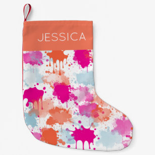 Orange Pink Blue Abstract Modern Paint Splashes  Small Christmas Stocking