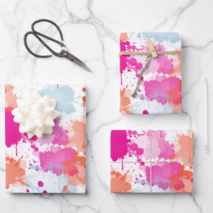 Orange Pink Blue Abstract Modern Paint Splashes Wrapping Paper Sheet