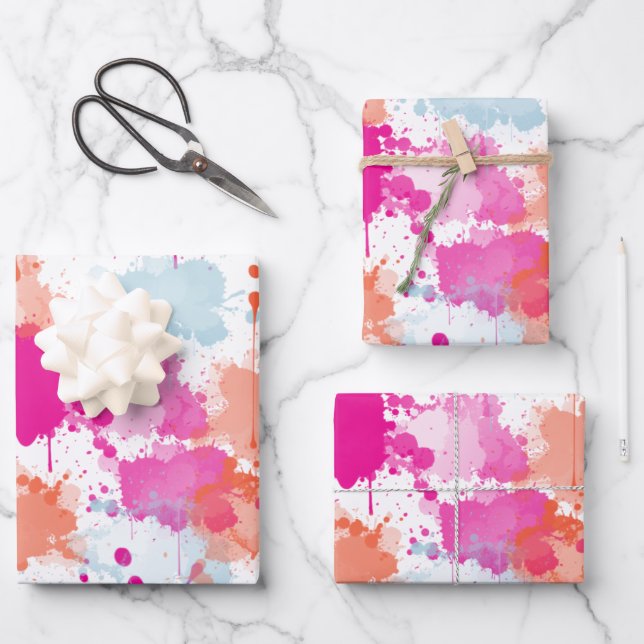 Orange Pink Blue Abstract Modern Paint Splashes Wrapping Paper Sheet (Front)