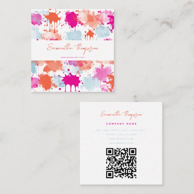 Orange Pink Blue Abstract Modern QR Code Square Business Card (Front/Back)