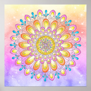 Orange Pink Blue Floral Watercolor Mandala Poster