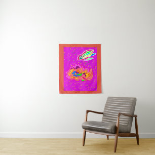 Orange pink blue tribal art design tapestry