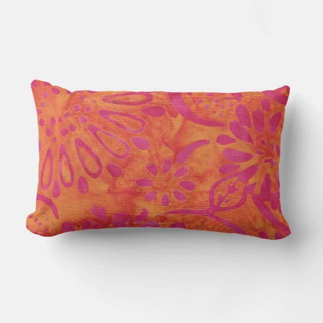 Orange Pink Boho Batik Floral Pattern Outdoor Lumbar Pillow (Front)