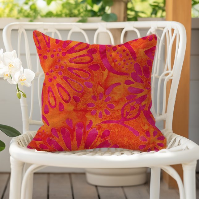 Orange Pink Boho Batik Floral Pattern Outdoor Pillow (Creator Uploaded)