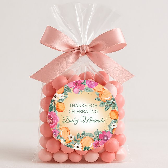 Orange Pink Boy Girl Citrus Fruit Baby Shower   Classic Round Sticker (Oranges and pink flowers "LIttle Cutie" baby shower sticker)