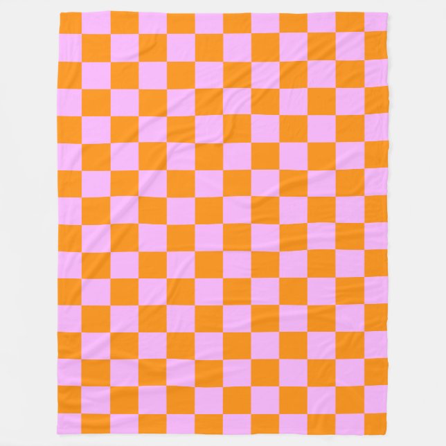 Orange + Pink Check Chequered Chequerboard Pattern Fleece Blanket (Front)