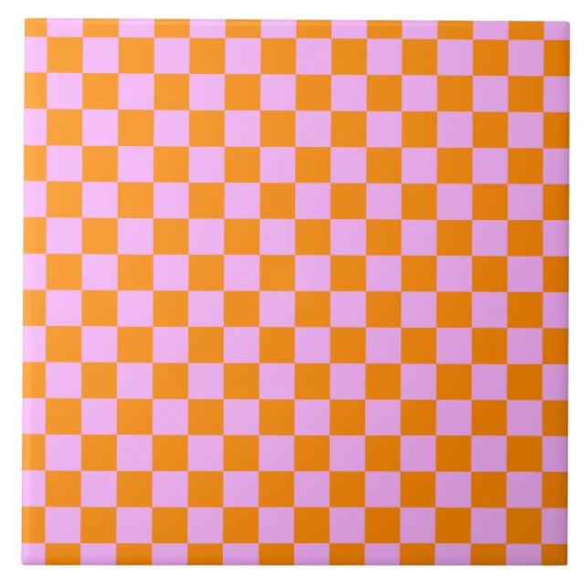 Orange + Pink Check Chequered Chequerboard Pattern Tile (Front)