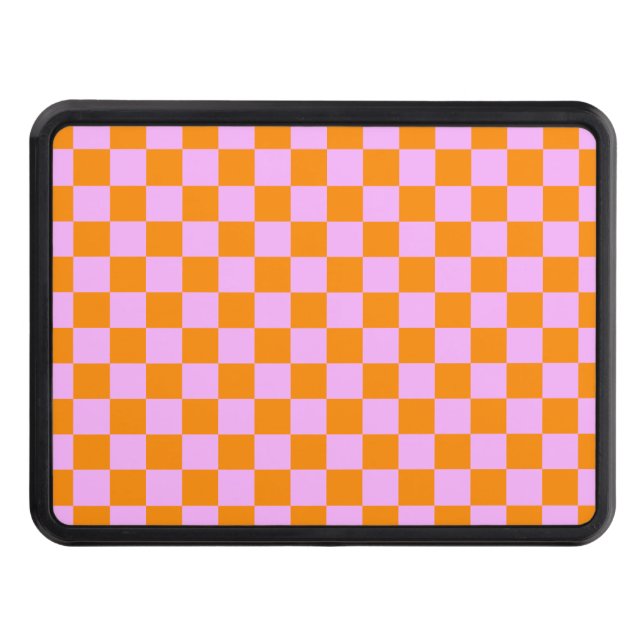 Orange + Pink Check Chequered Chequerboard Pattern Trailer Hitch Cover (Front)