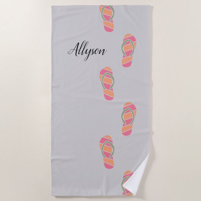 Orange & Pink Flip Flops, Blk Script Name, Lt Grey Beach Towel (Front)