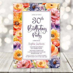 Orange Pink Floral 30th Birthday Party Invitation