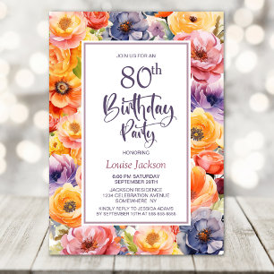 Orange Pink Floral 80th Birthday Party Invitation