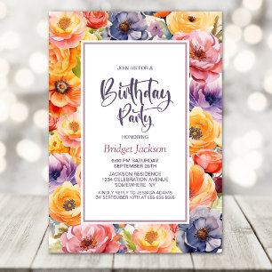 Orange Pink Floral Any Age Birthday Party Invitation