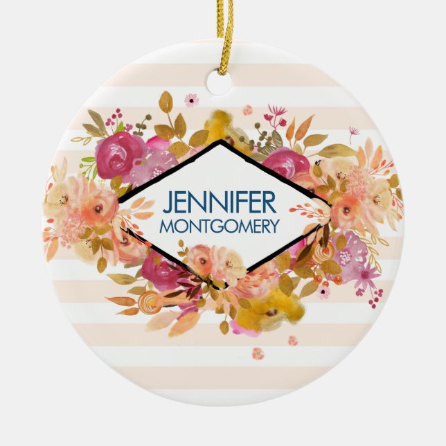 Orange & Pink Floral Bouquet Ceramic Ornament (Front)