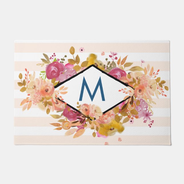 Orange & Pink Floral Bouquet Monogram Doormat (Front)