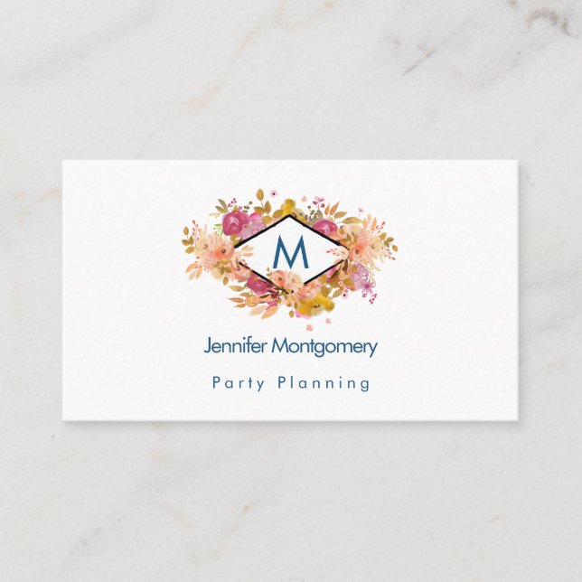 Orange & Pink Floral Bouquet w/ Diamond Frame Business Card (Front)