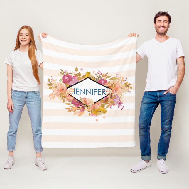 Orange & Pink Floral Bouquet w/ Diamond Frame Fleece Blanket (In Situ)