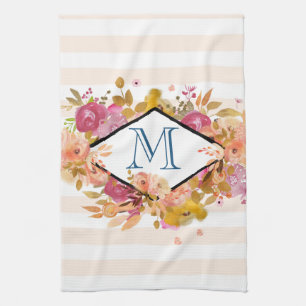 Orange & Pink Floral Bouquet w/ Diamond Frame Kitchen Towel