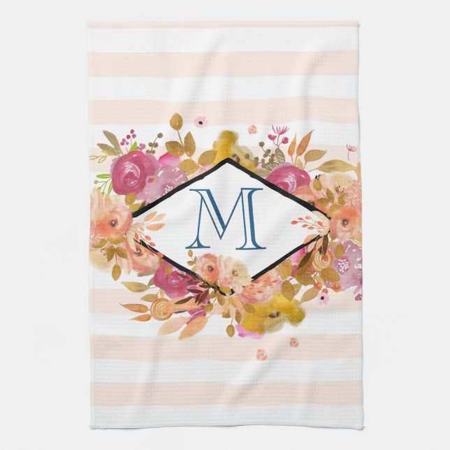 Orange & Pink Floral Bouquet w/ Diamond Frame Kitchen Towel (Vertical)