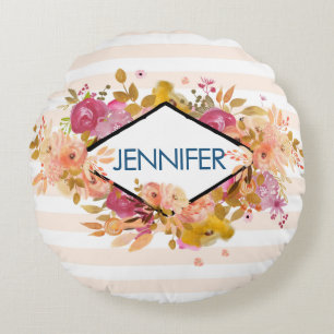 Orange & Pink Floral Bouquet w/ Diamond Frame Round Pillow