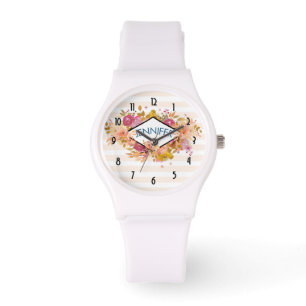 Orange & Pink Floral Bouquet w/ Diamond Frame Watch