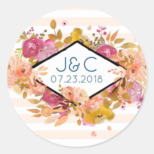 Orange & Pink Floral Bouquet Wedding Classic Round Sticker (Front)