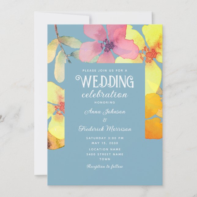 Orange Pink Floral Dusty Blue Wedding Invitation (Front)