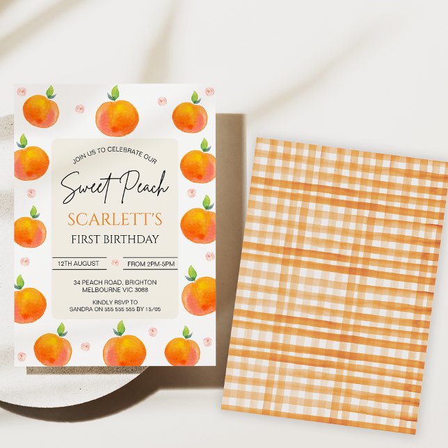 Orange Pink Floral Our sweet Peach 1st Birthday  Invitation (Girls Our Sweet Peach Birthday Invitations, Little Peach invite, 1st Birthday Invitations Girl Peach)