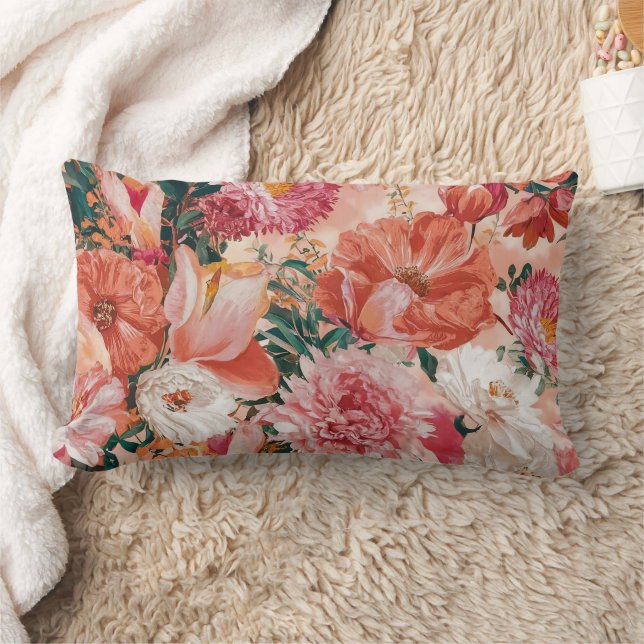 Orange Pink Floral Pattern Lumbar Pillow (Blanket)
