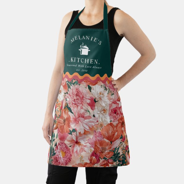 Orange Pink Floral Pattern Monogram Apron (Insitu)