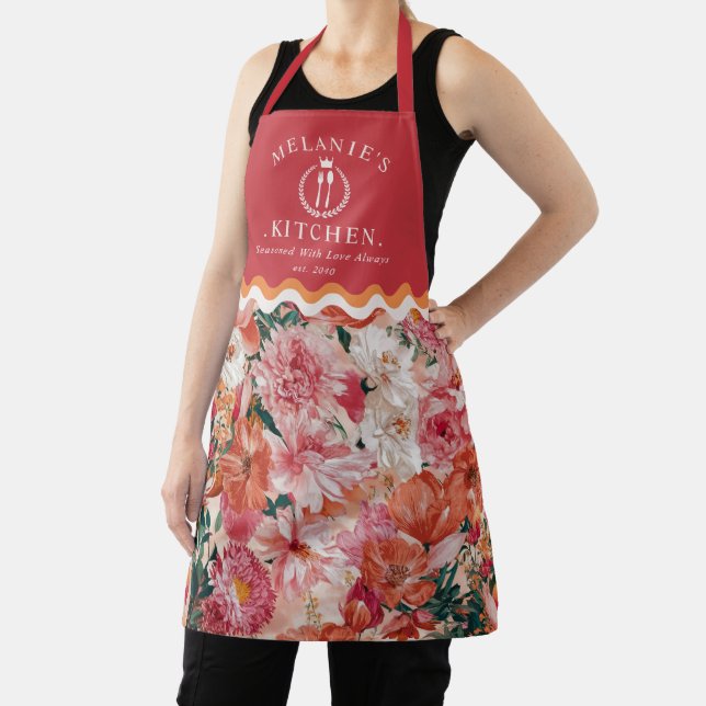 Orange Pink Floral Pattern Monogram Apron (Insitu)
